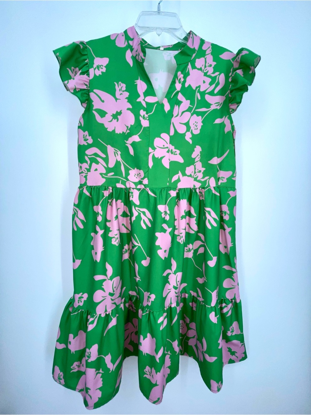 Women’s Small Boutique Green Floral Print Dress with Pink Accents